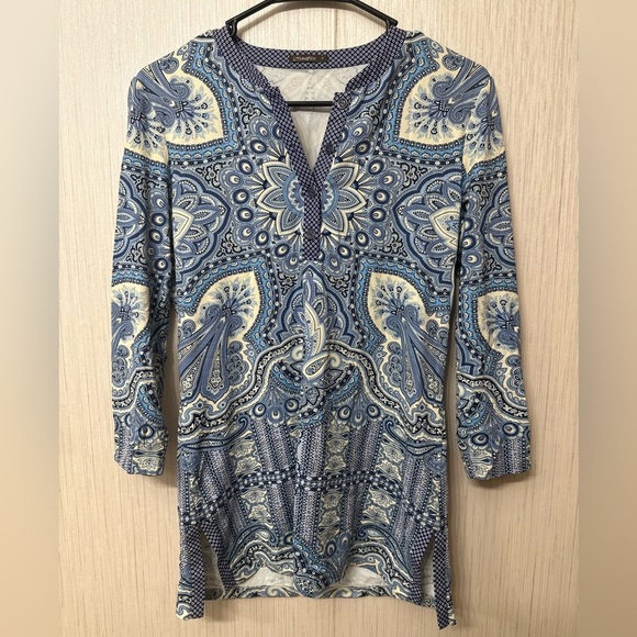 J. MCLAUGHLIN Catalina Cloth Stretch Popover Tunic Blue White Print X - Picture 1 of 6